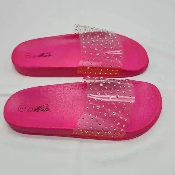 Mata Women's Rhinestones Clear Band Slide Sandals Hot Pink Size 7 - Picture 2 of 7